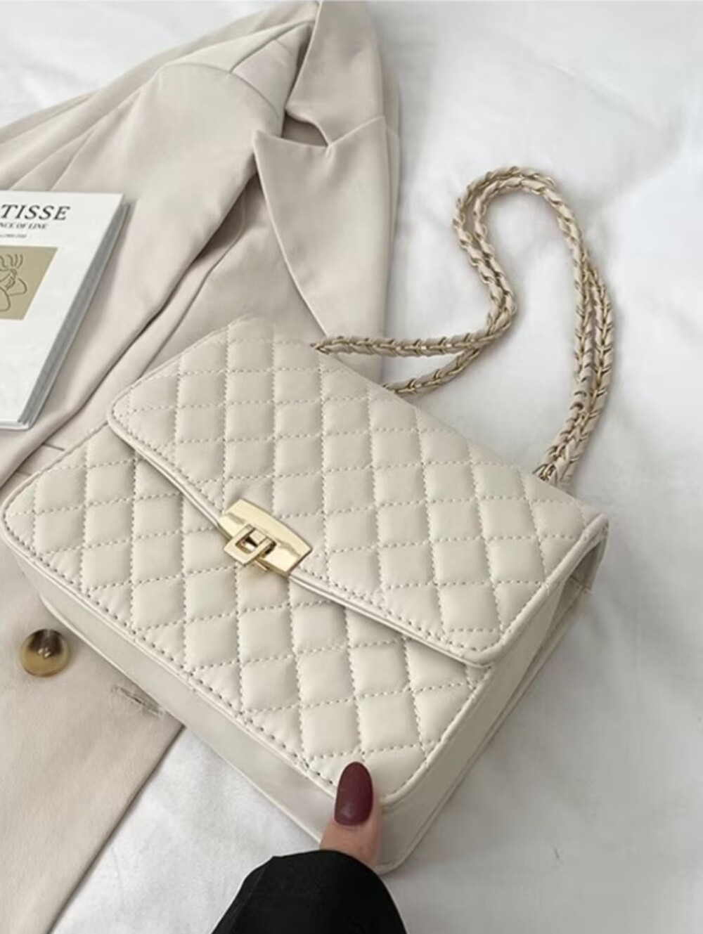 Quilted Crossbody Shoulder Bag in Cream; New